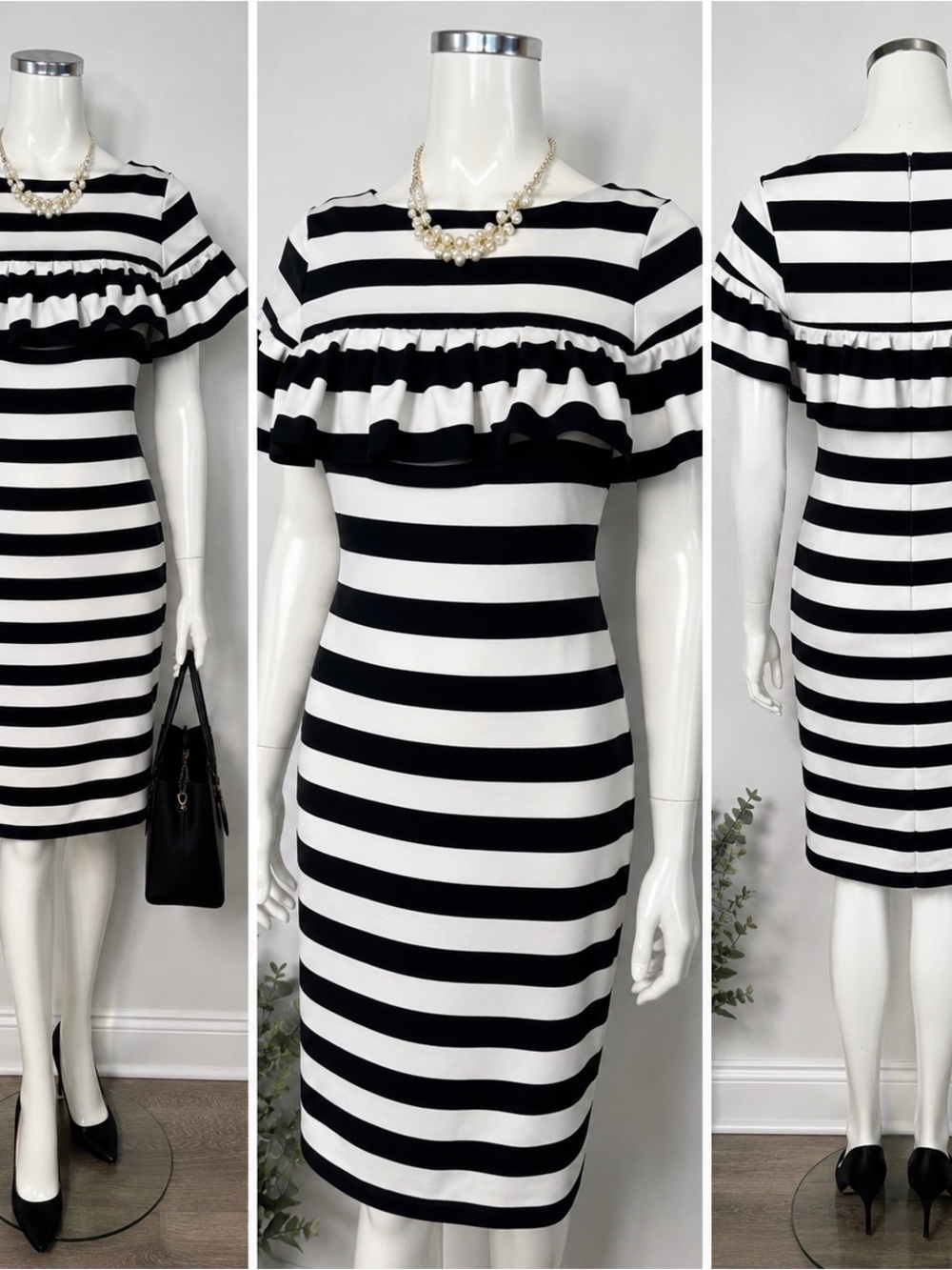 Eliza J Size 4 Black White Stripe Ruffle Midi Sheath Dress Cocktail Career